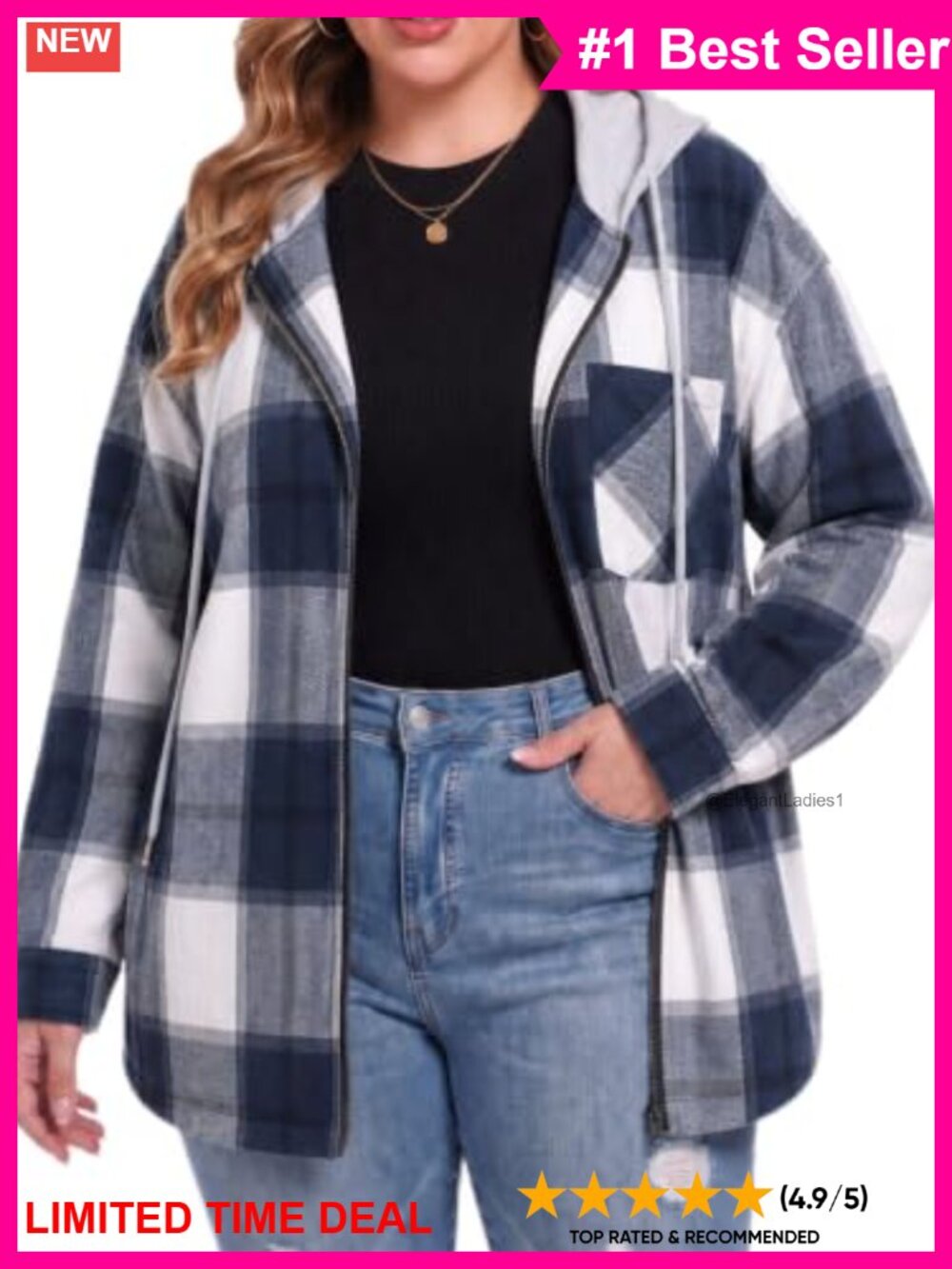 Plus Size Flannel Shacket Zip Up Hooded Plaid Jacket